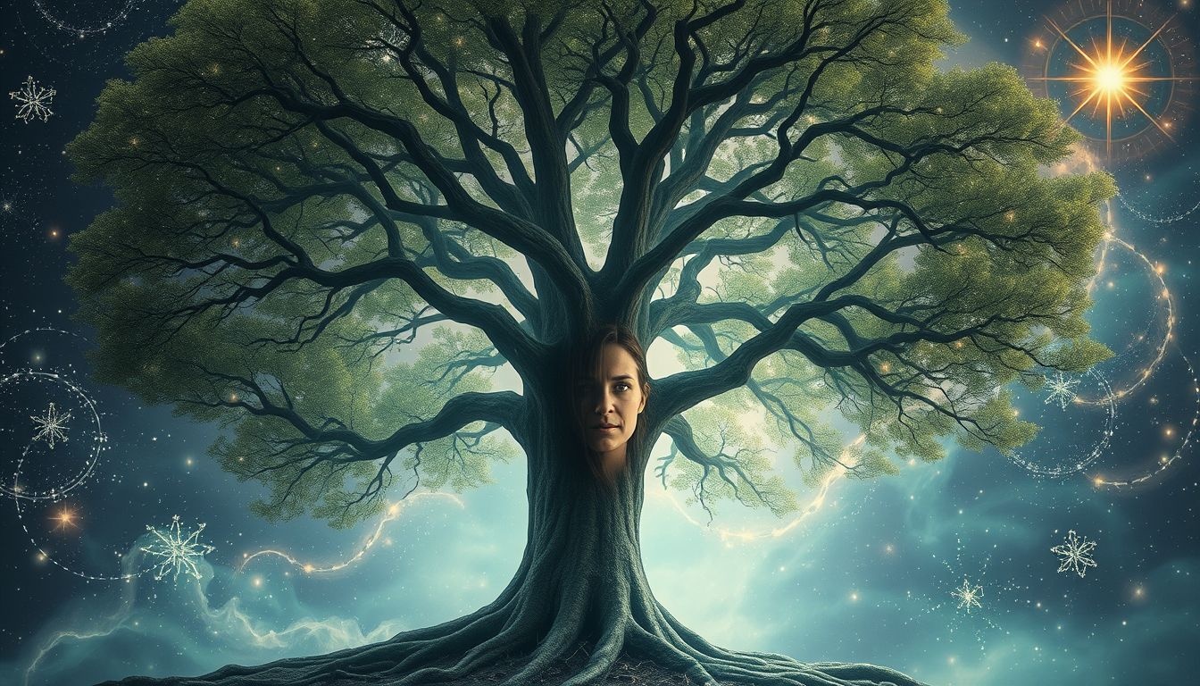 Een essenboom met gezicht symboliseert innerlijke wijsheid en zelfreflectie.