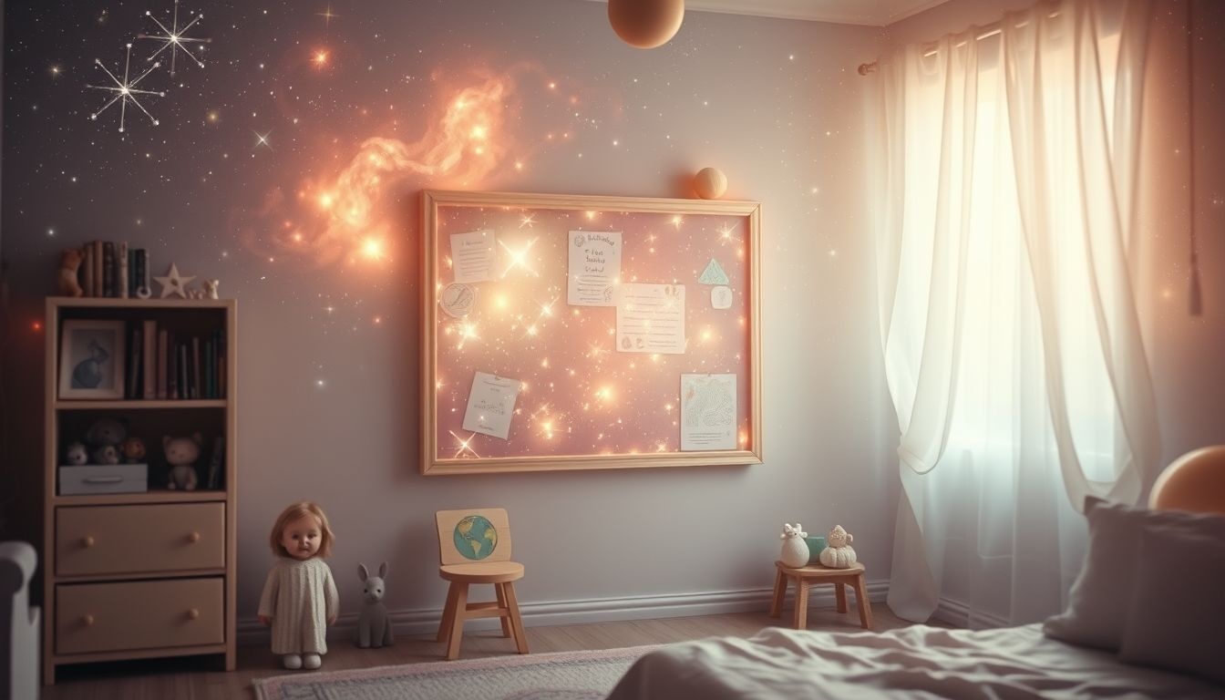 Een prikbord in een kinderkamer symboliseert herinneringen en veiligheid.