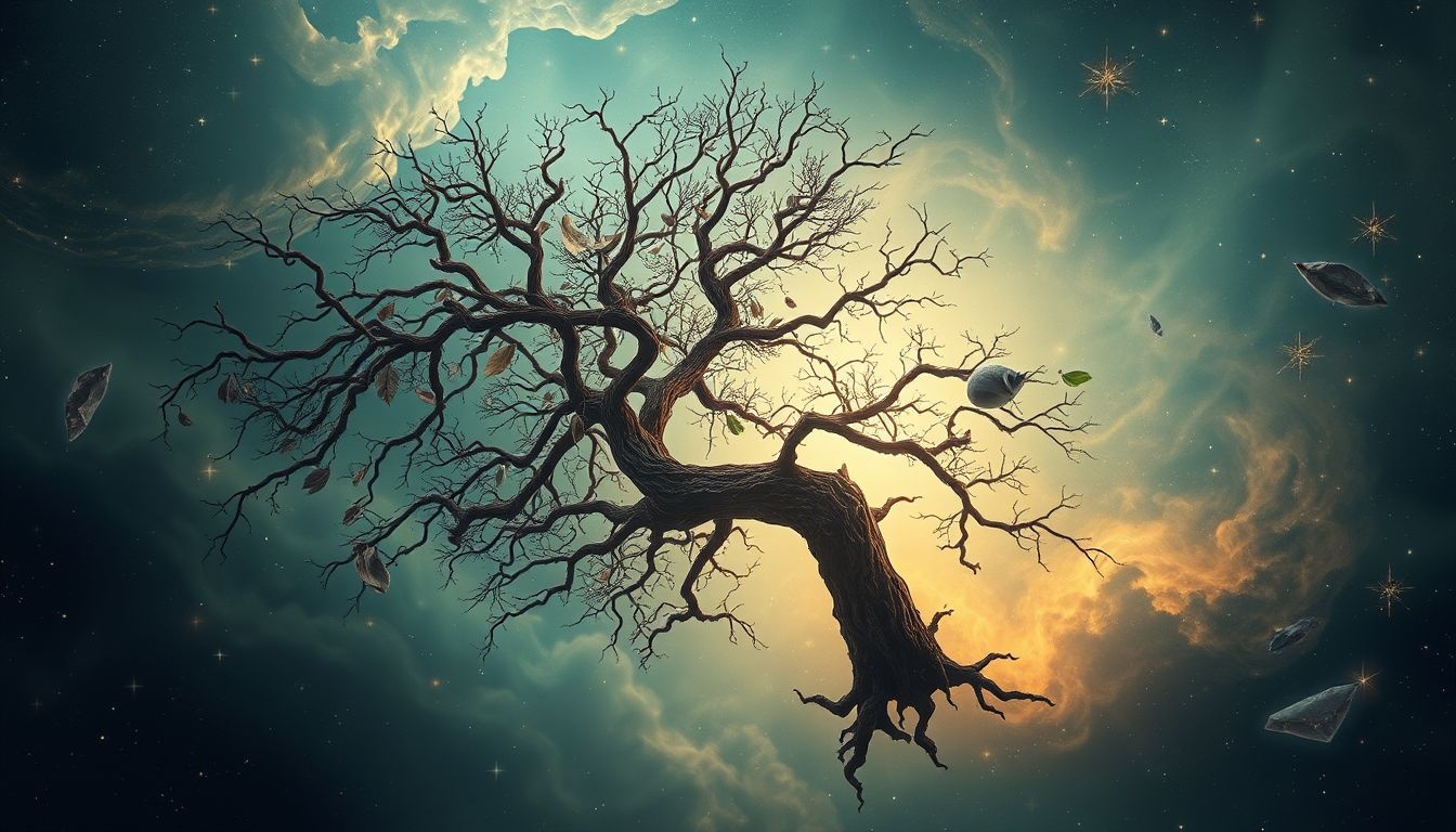 Een dode essenboom symboliseert vaak het einde van een levensfase.