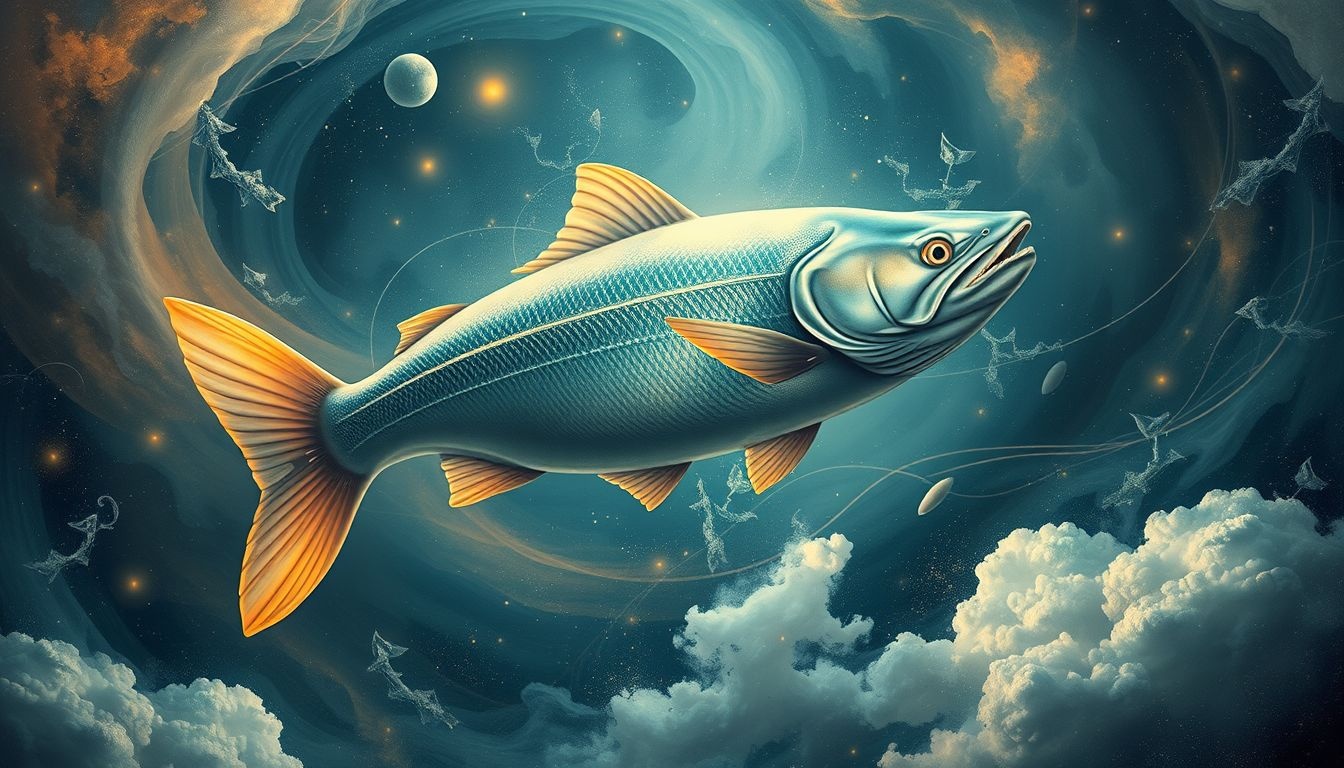 Een grote, springende zalm symboliseert kracht en doorzettingsvermogen.