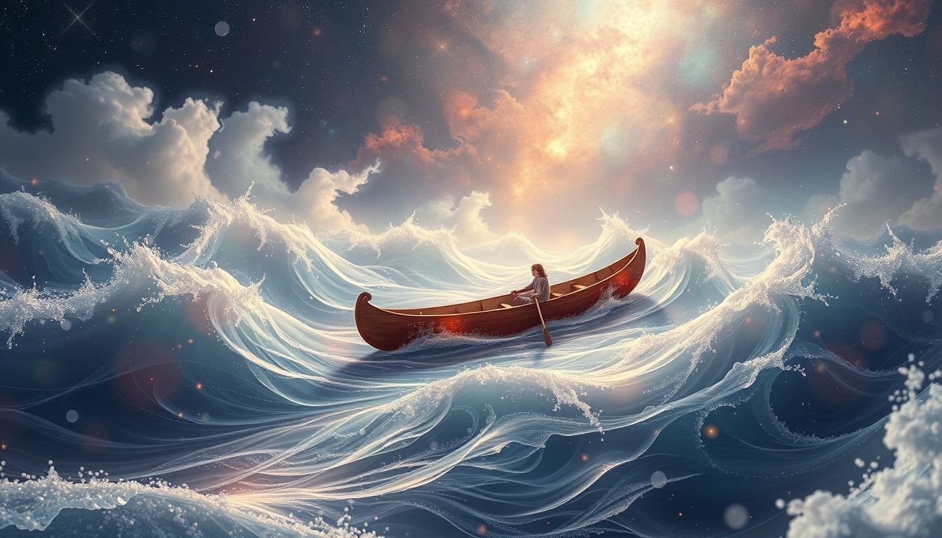 Kanoën op woelig water symboliseert emotionele uitdagingen en innerlijke kracht.