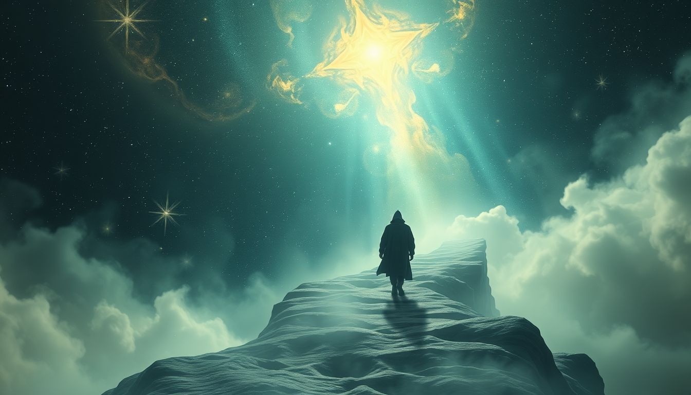 Reizen naar het noorden met onbekende gids symboliseert innerlijk zelfonderzoek.