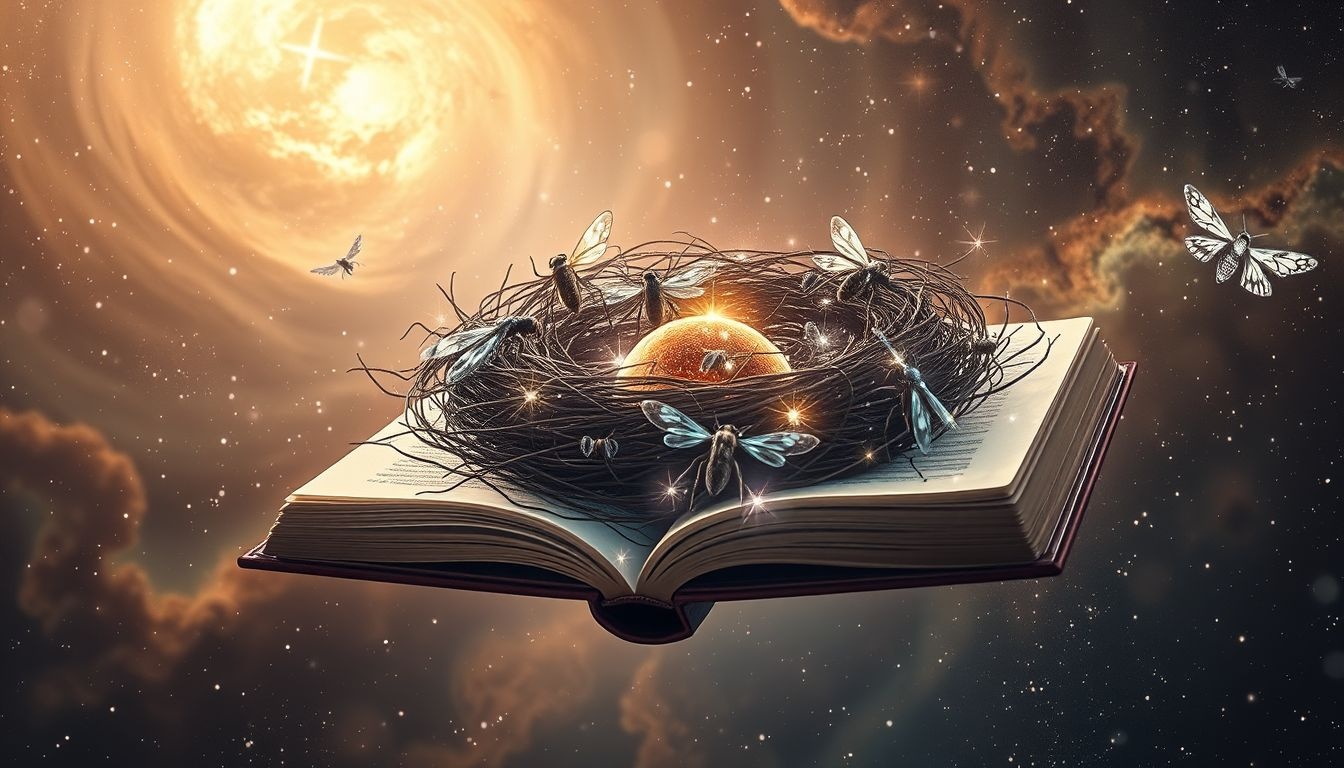 Een boek als insectennest symboliseert verval en hergeboorte.