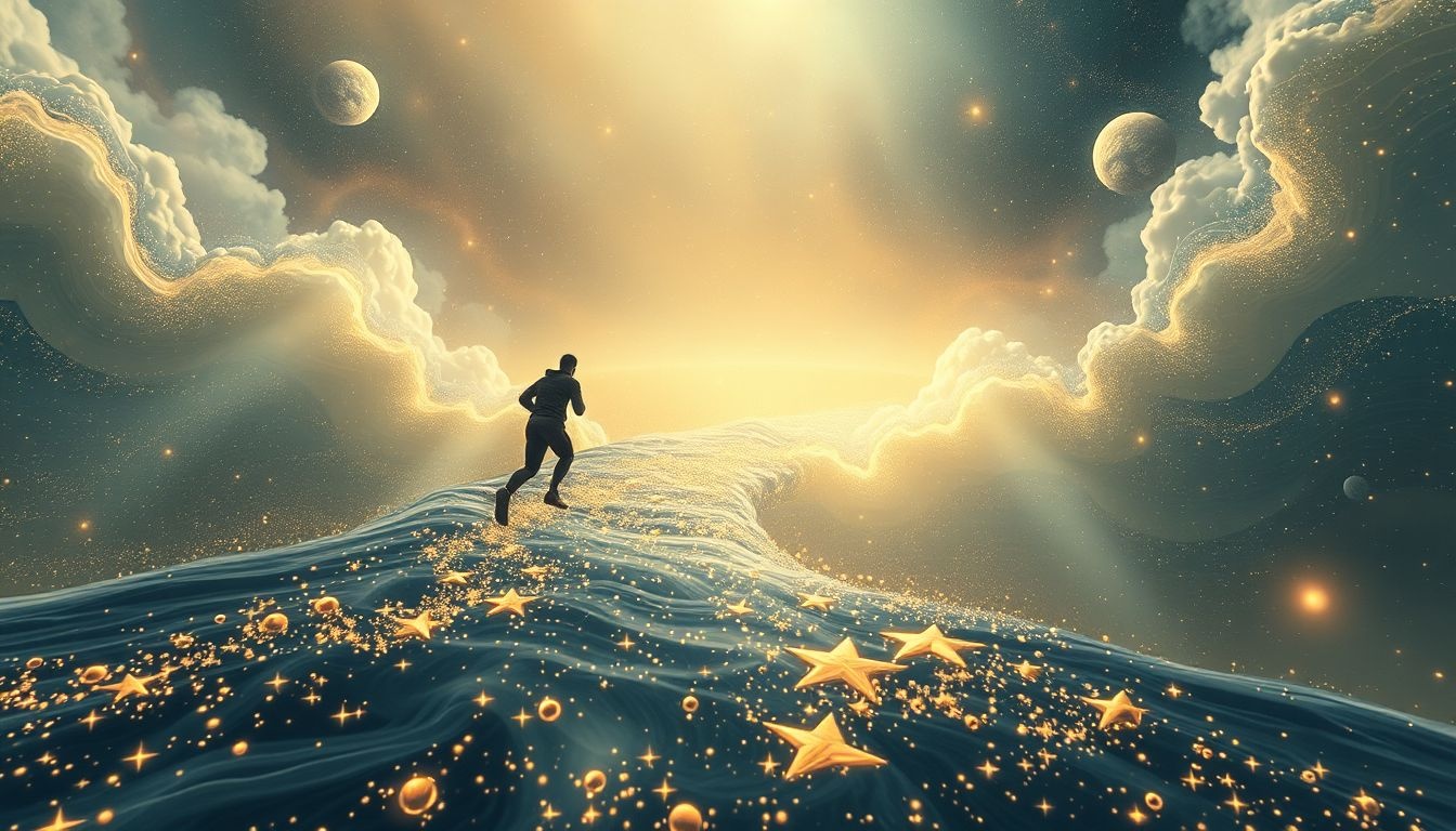 Een jogger tegen de stroom symboliseert vasthoudendheid en innerlijke strijd.