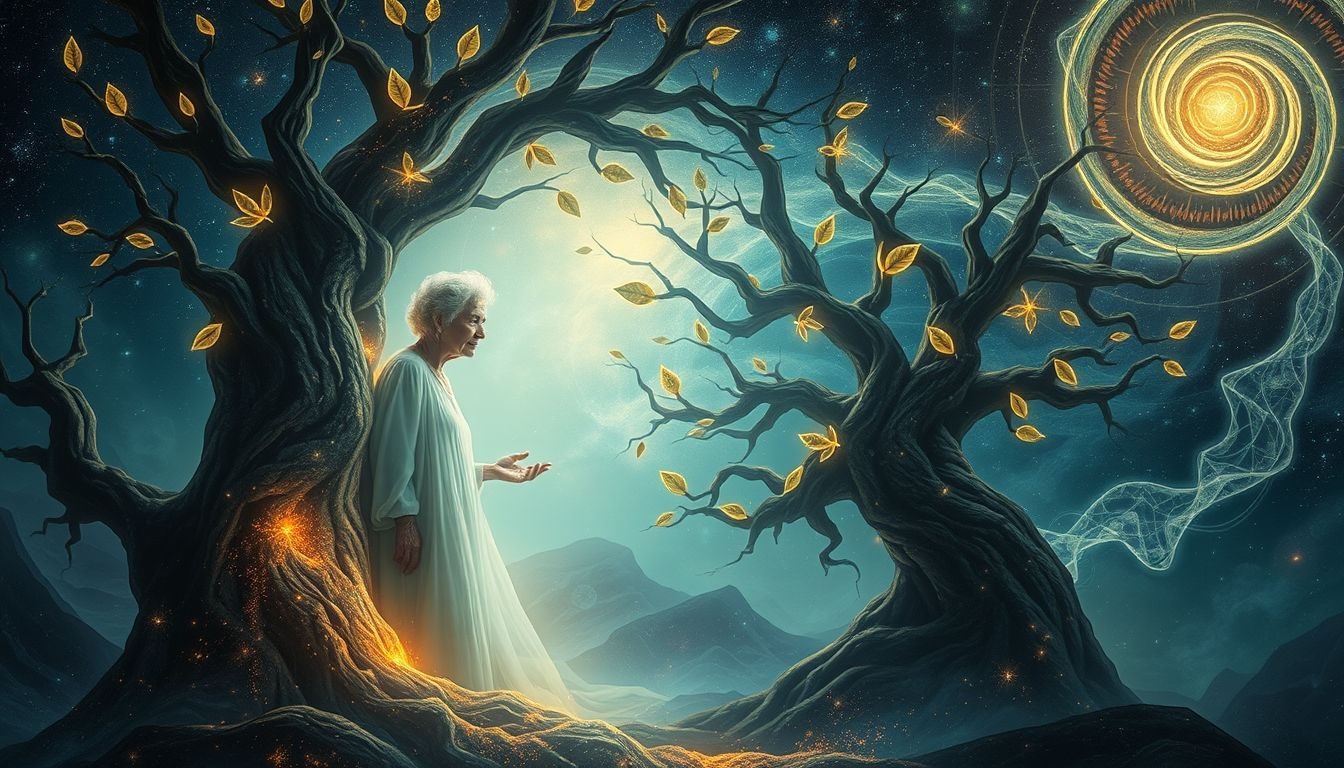 Een oude dame in het bos symboliseert verborgen wijsheid en intuïtie.
