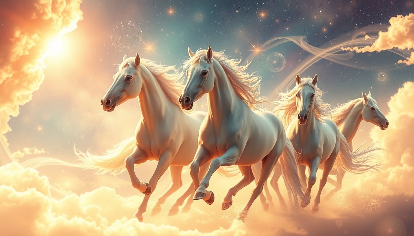 Een span paarden in zomerse zon symboliseert kracht en vrijheid.