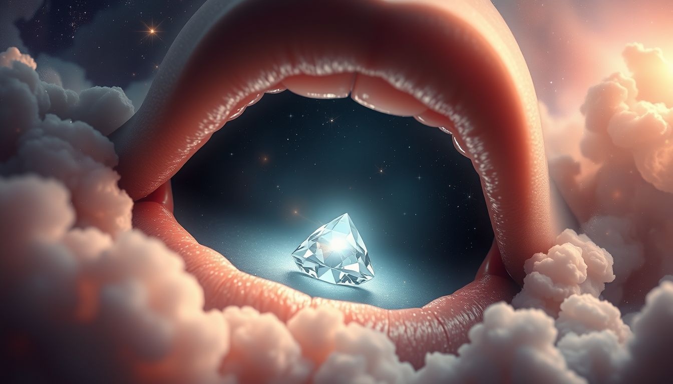 Een strasssteen in je mond symboliseert verborgen waarde en communicatie.