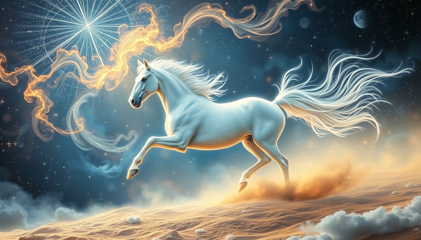 Een wit paard in een race symboliseert persoonlijke overwinning en snelheid.