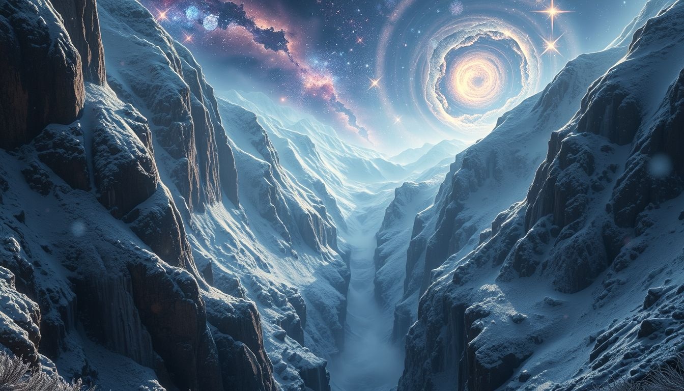 Een bergkloof in winter symboliseert innerlijke stilte en zelfreflectie.