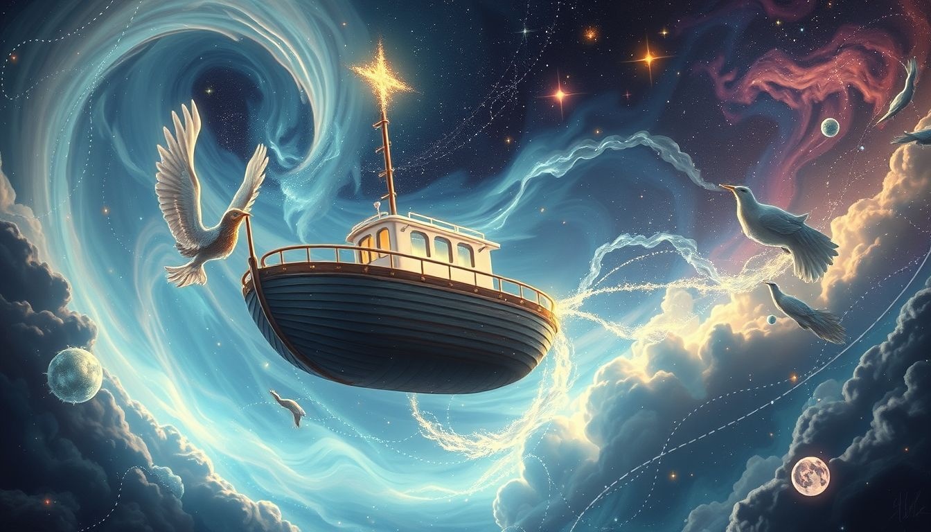 Een vliegende reddingsboot symboliseert onverwachte ontsnapping en vrijheid.