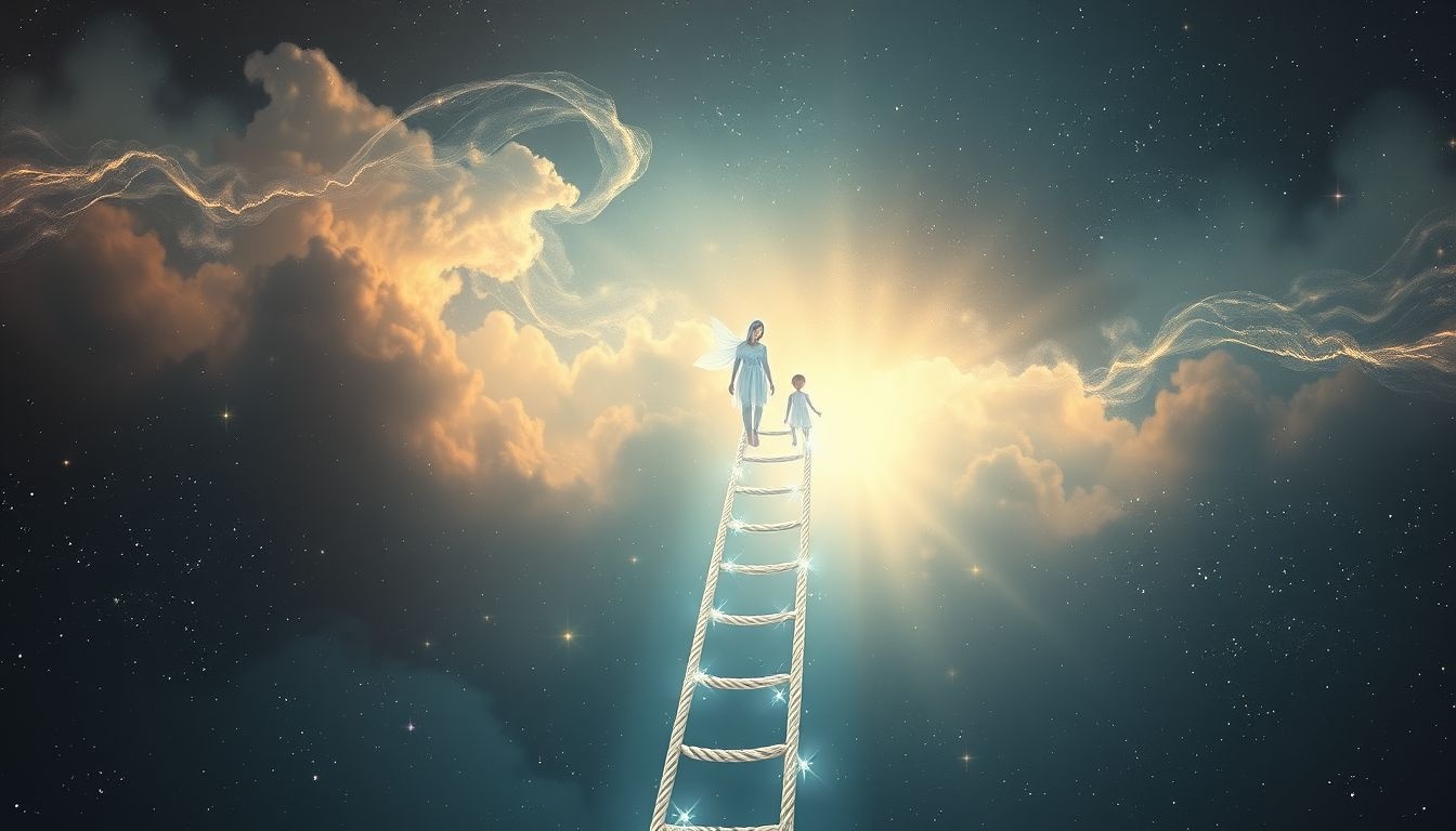 Het beklimmen van een touwladder met kind symboliseert gezamenlijke groei.