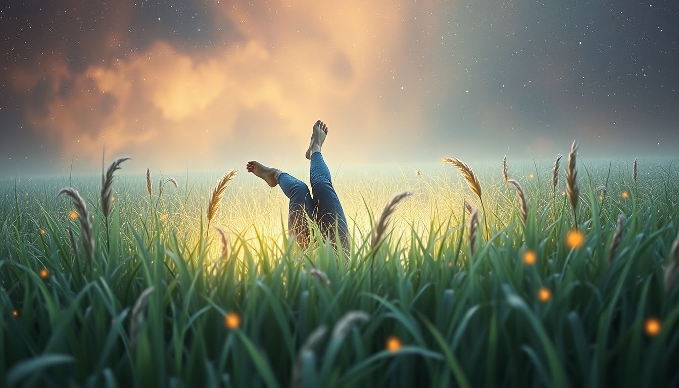 Vallen in gras symboliseert bescherming en rust na stressvolle tijden.