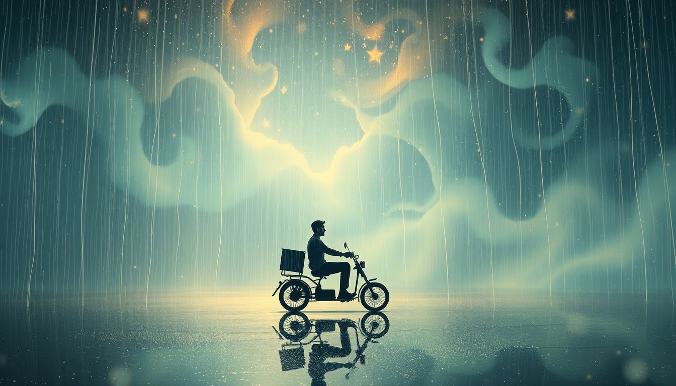 Dromen over regen op een driewieler symboliseren emotionele uitdagingen.