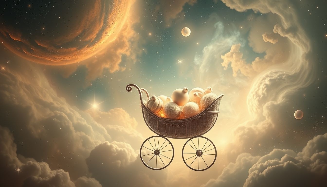 Een kinderwagen vol spullen symboliseert nieuwe verantwoordelijkheden en plannen.