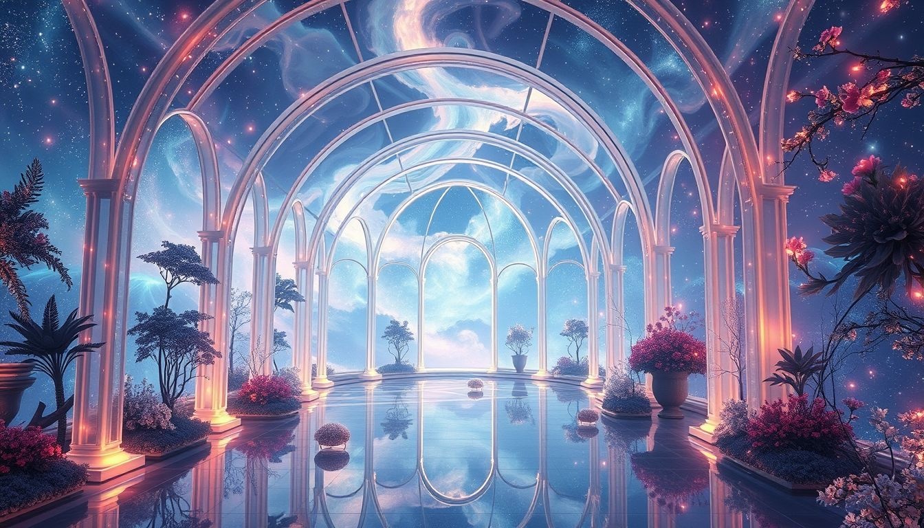 Een spiegelwand in een oranjerie weerspiegelt zelfreflectie en groei.