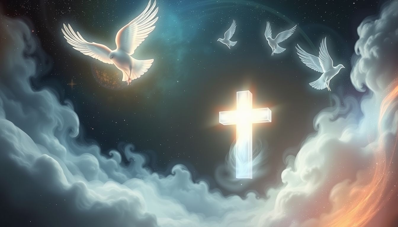 Een torenkruis met duiven symboliseert vrede en spirituele bescherming.