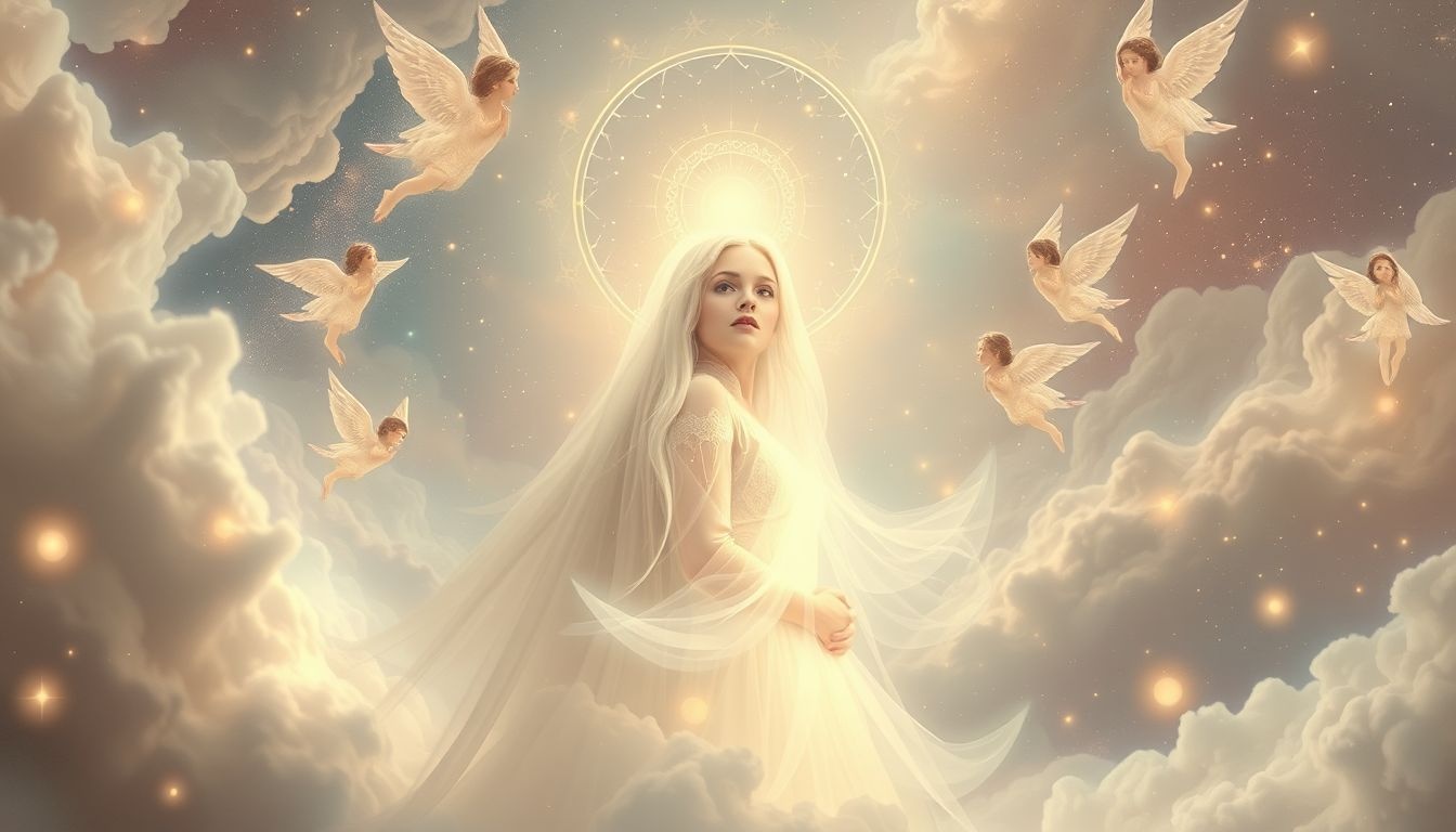 Maria tussen engelen symboliseert bescherming en spirituele begeleiding.