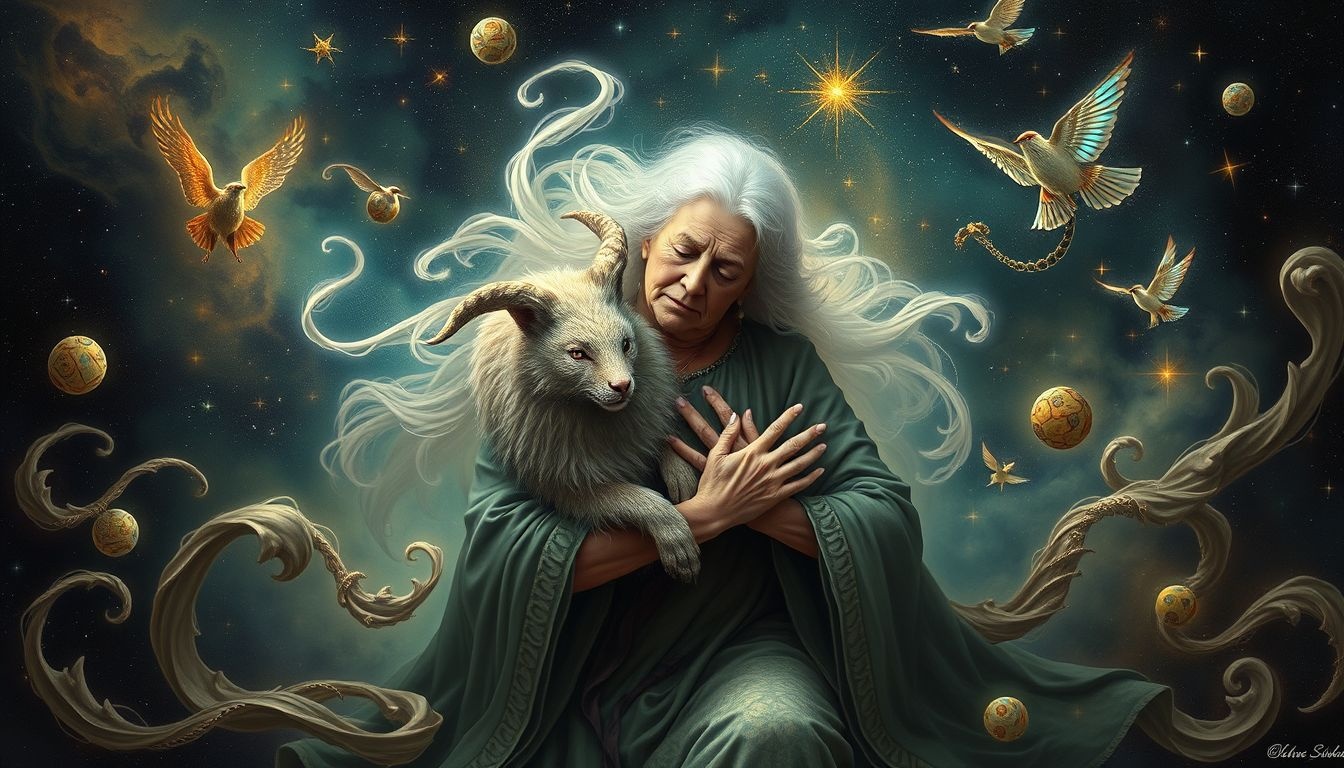 Een oude dame met dier symboliseert wijsheid en beschermende kracht.