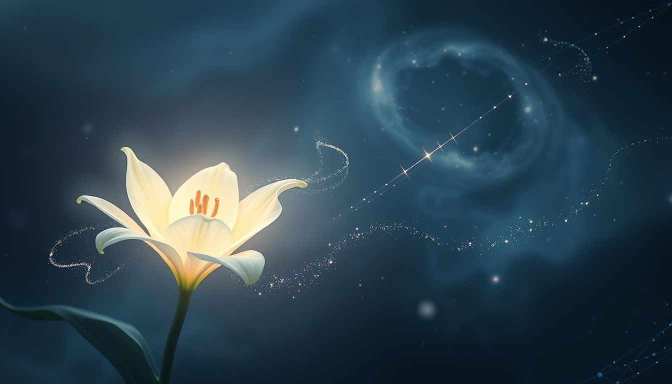 Een waslelie fluistert je naam bij diepe zelfreflectie.