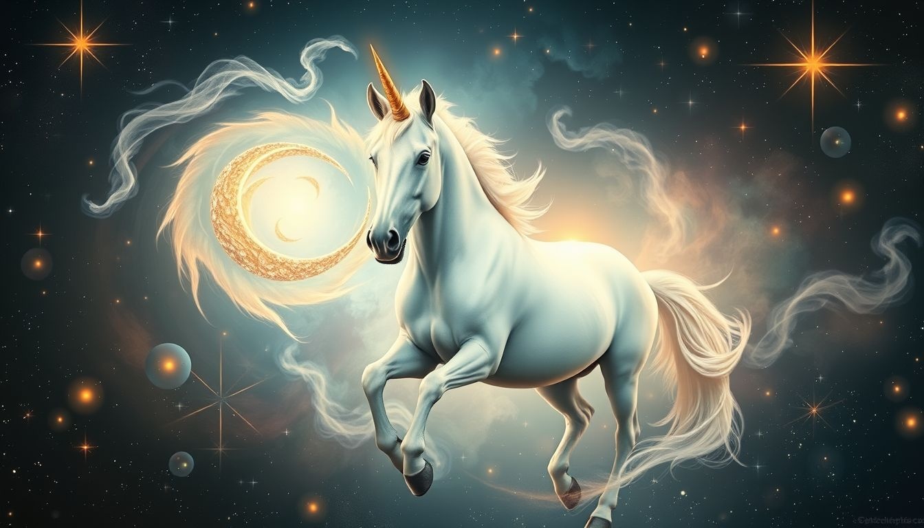 Een wit paard met gouden hoorn symboliseert zuiverheid en magische kracht.