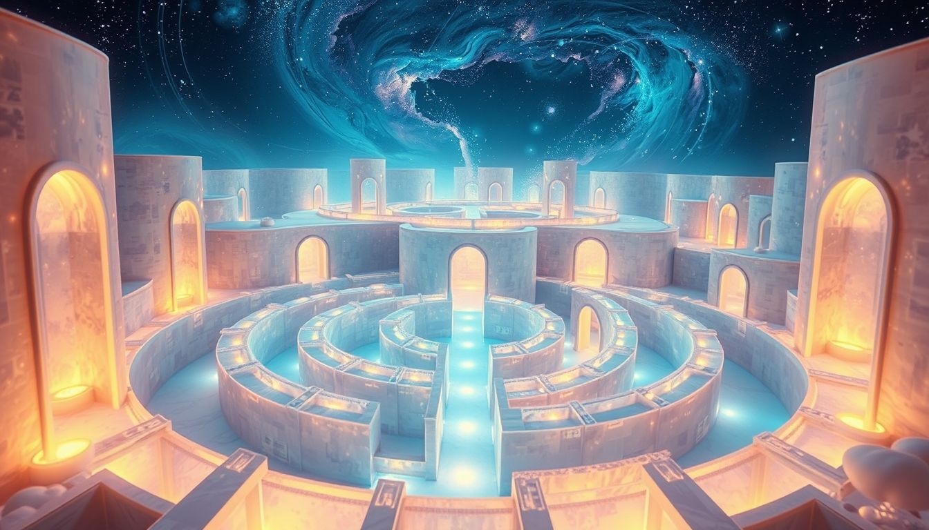 Een doolhof in een gebouw symboliseert mentale verwarring en keuzes.