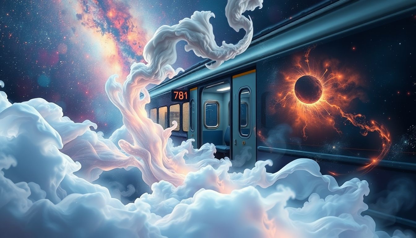 Een veranderende treincoupé symboliseert persoonlijke transformatie tijdens levensreizen.