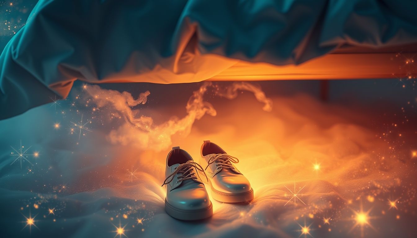 Glimmende schoenen onder het bed symboliseren verborgen zelfvertrouwen en hoop.