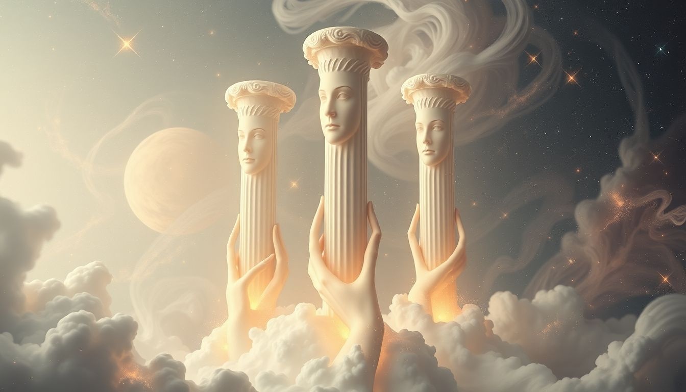 Pilaren met menselijke trekken symboliseren innerlijke kracht en kwetsbaarheid.