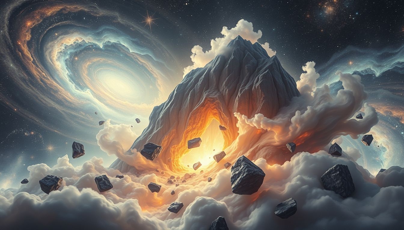 Een instortende berg symboliseert onverwachte levensveranderingen en uitdagingen.