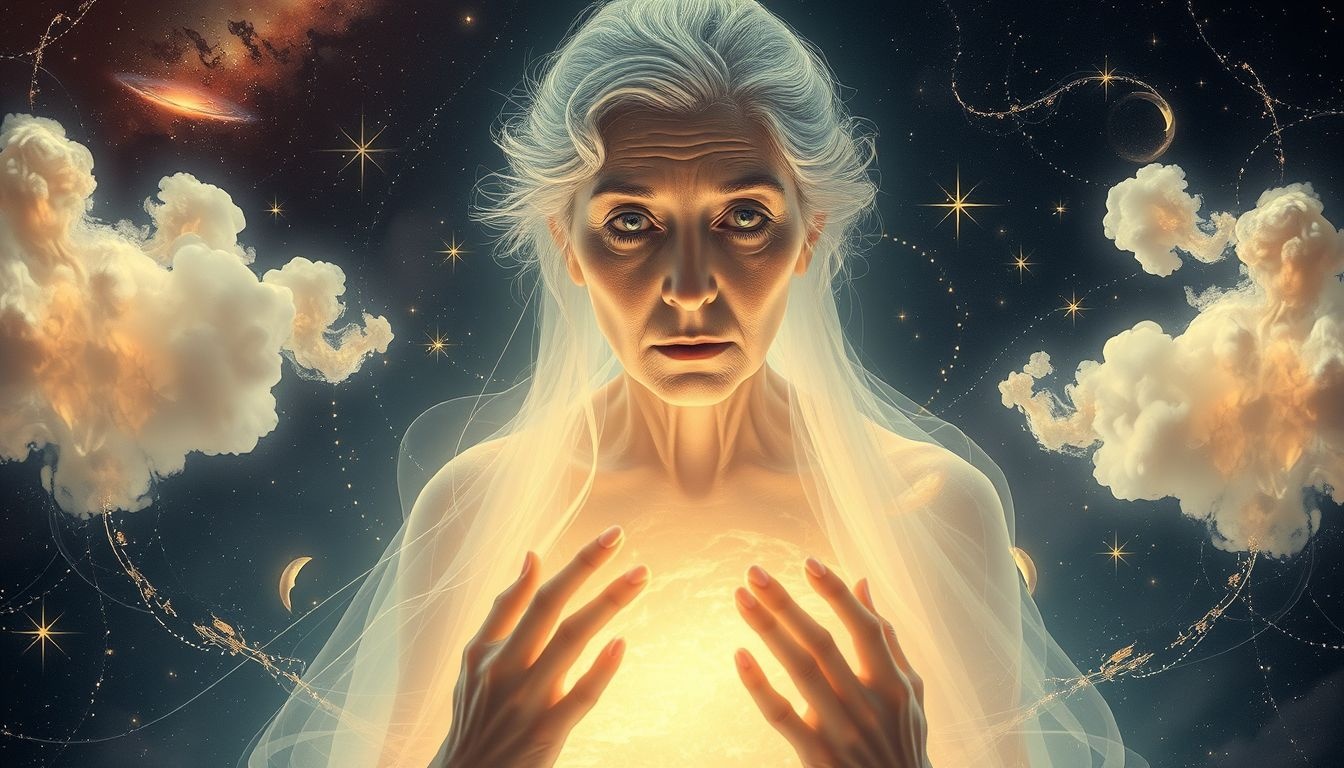 Een oude dame beoordelen symboliseert innerlijke wijsheid en zelfreflectie.