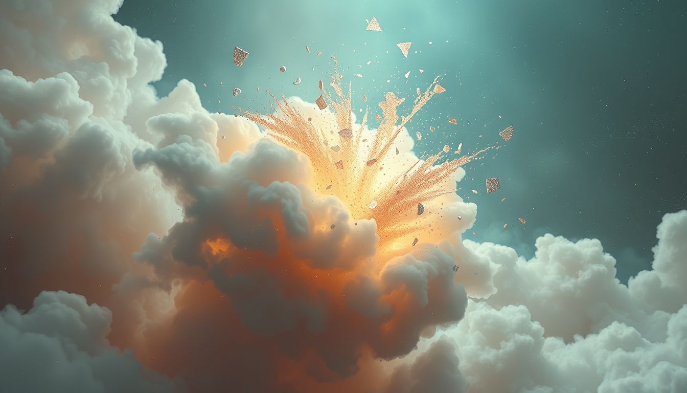 Een explodeerde prullenbak symboliseert onderdrukte emoties die plots escaleren.