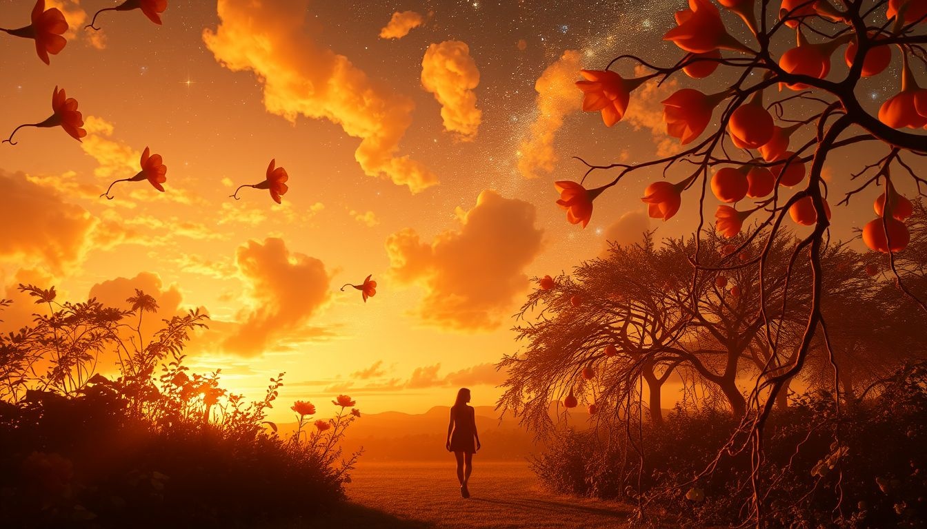 Wandelen in oranjerie bij zonsondergang symboliseert innerlijke rust en balans.