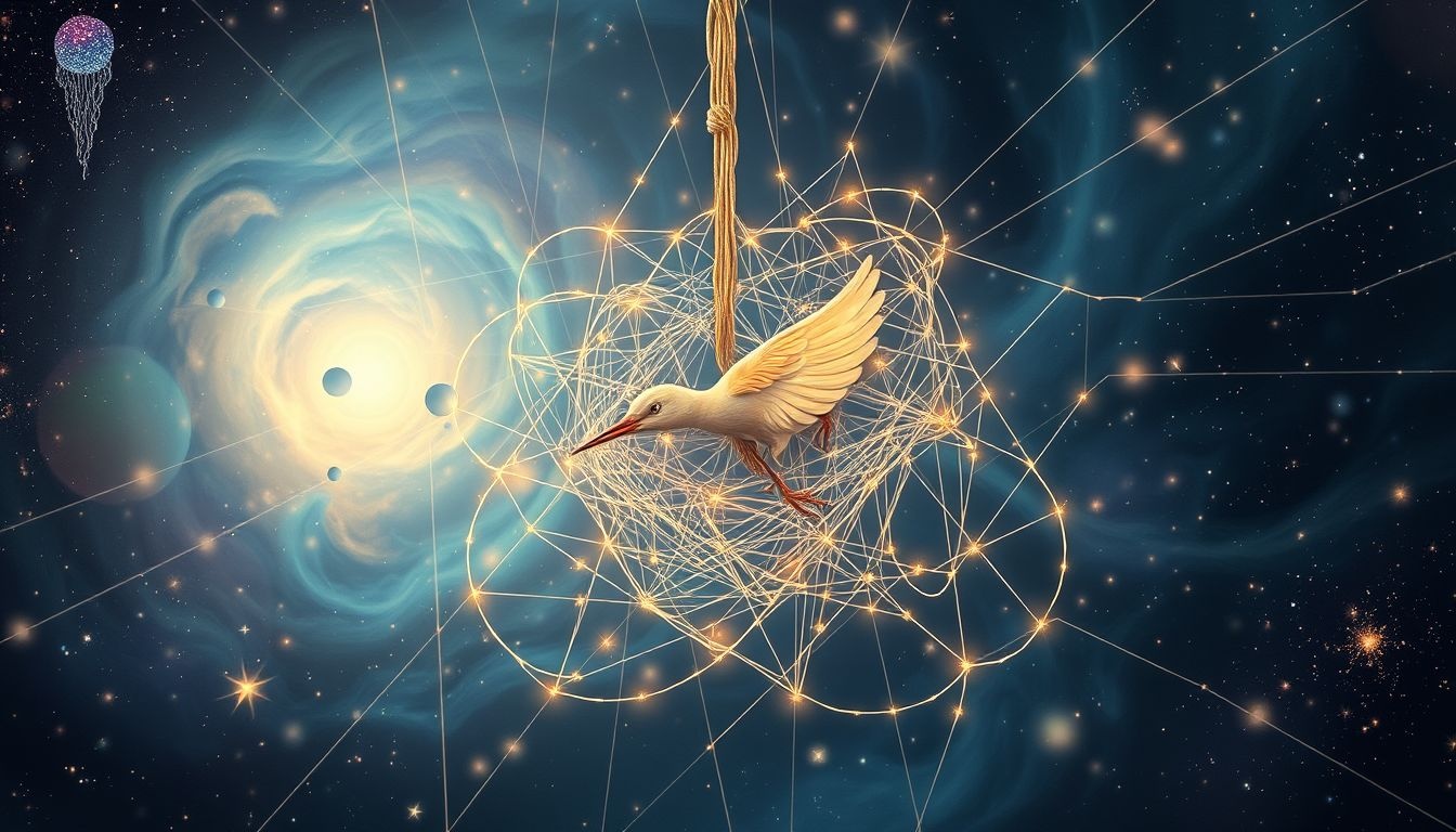 Een zangvogel gevangen in een web symboliseert innerlijke conflicten.