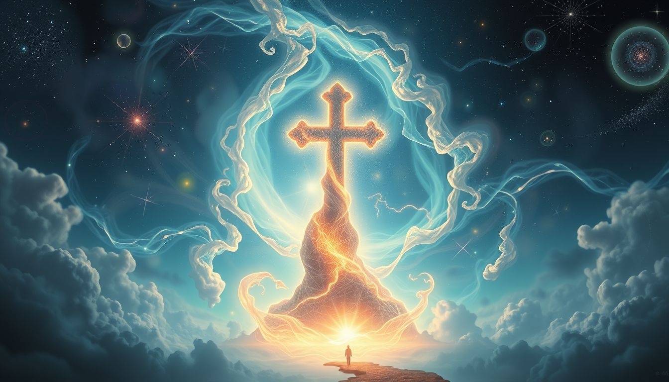 Een veranderend torenkruis symboliseert innerlijke transformatie en groei.