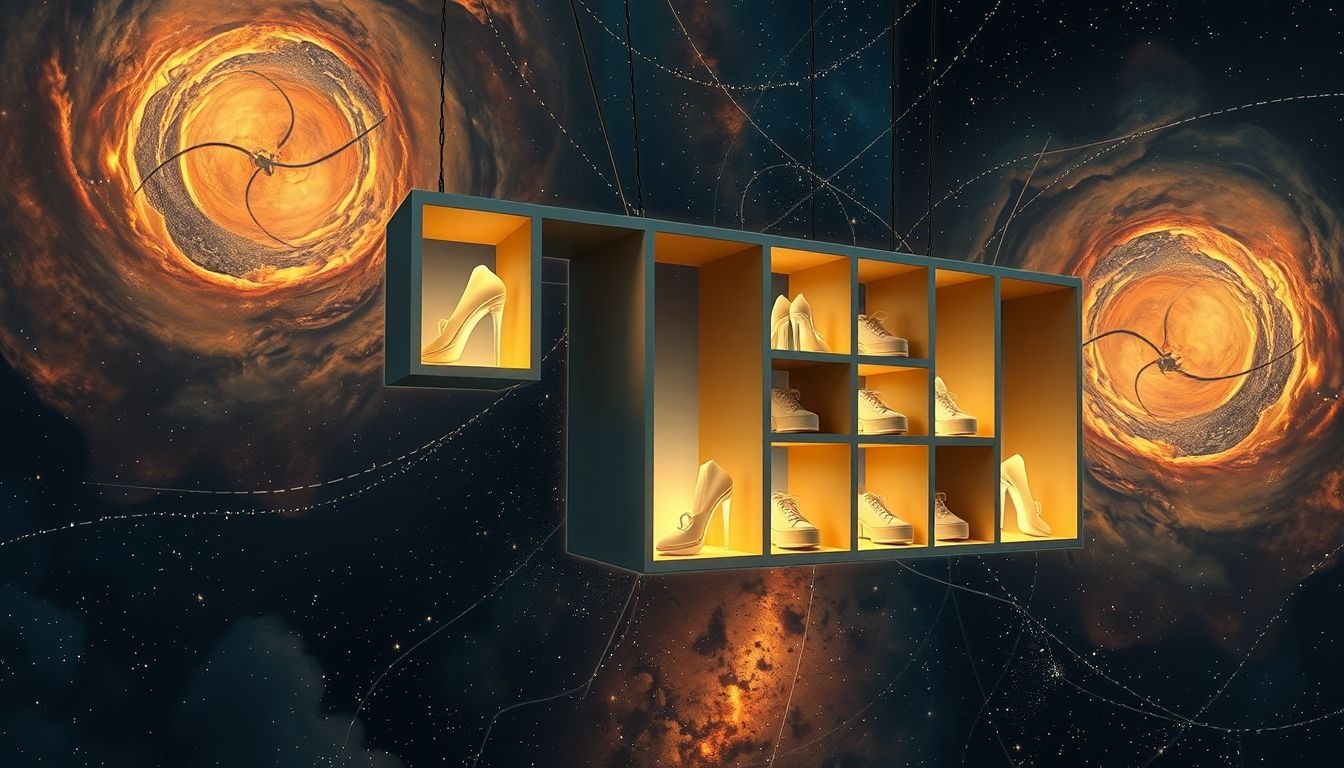 Een schoenenrek met vakken symboliseert geordende gedachten en keuzes.