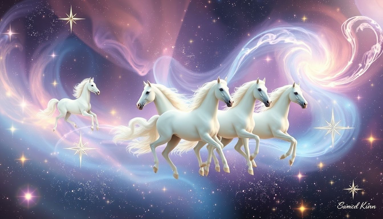 Een span witte paarden symboliseert vaak zuiverheid en nieuwe beginselen.