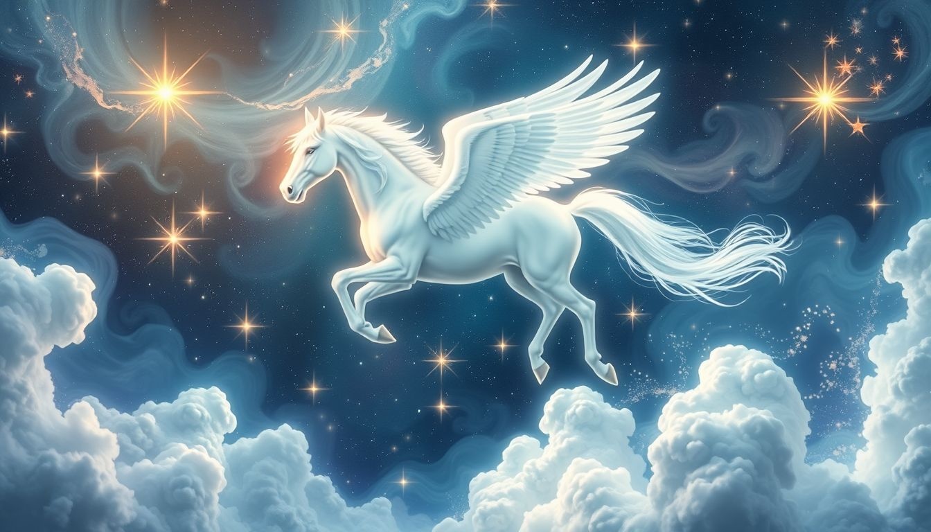 Een wit paard met vleugels symboliseert vrijheid en spirituele transformatie.