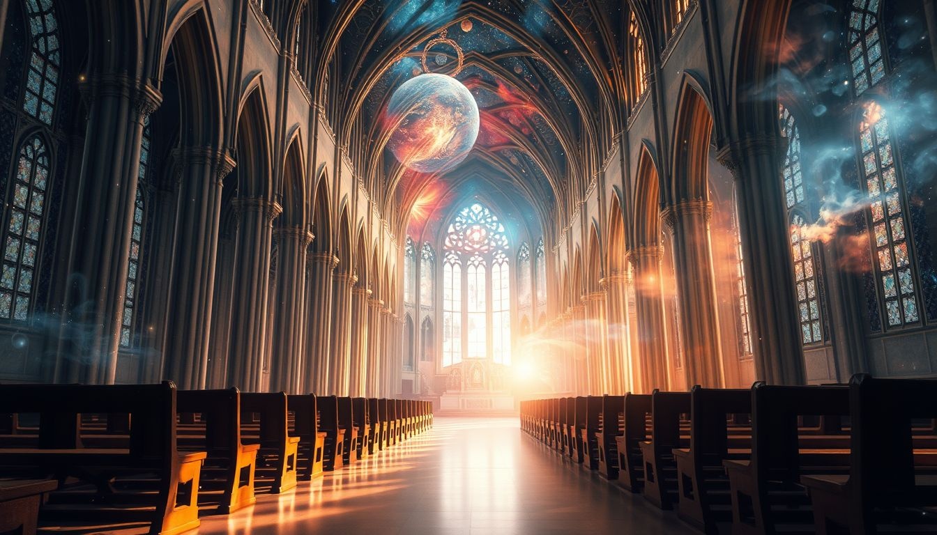 Een lege kerk tijdens hoge mis symboliseert spirituele leegte.