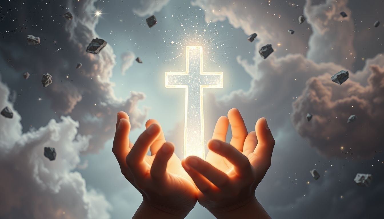 Het vasthouden van een torenkruis symboliseert spirituele kracht en leiding.