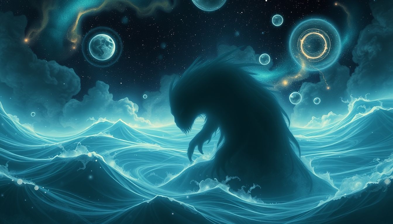 Een monster in diep water symboliseert verborgen angsten en onzekerheden.