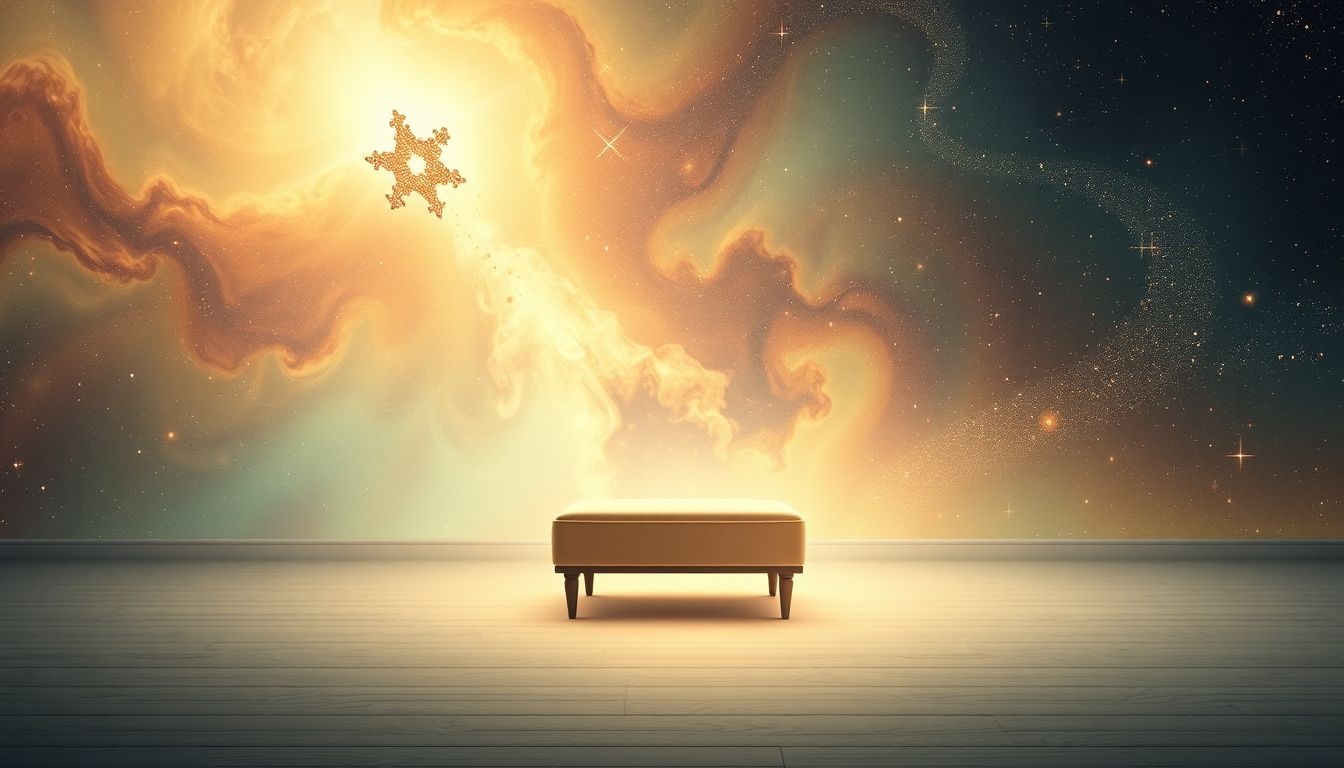 Een Ottomaan in lege kamer symboliseert onverwachte macht en leegte.