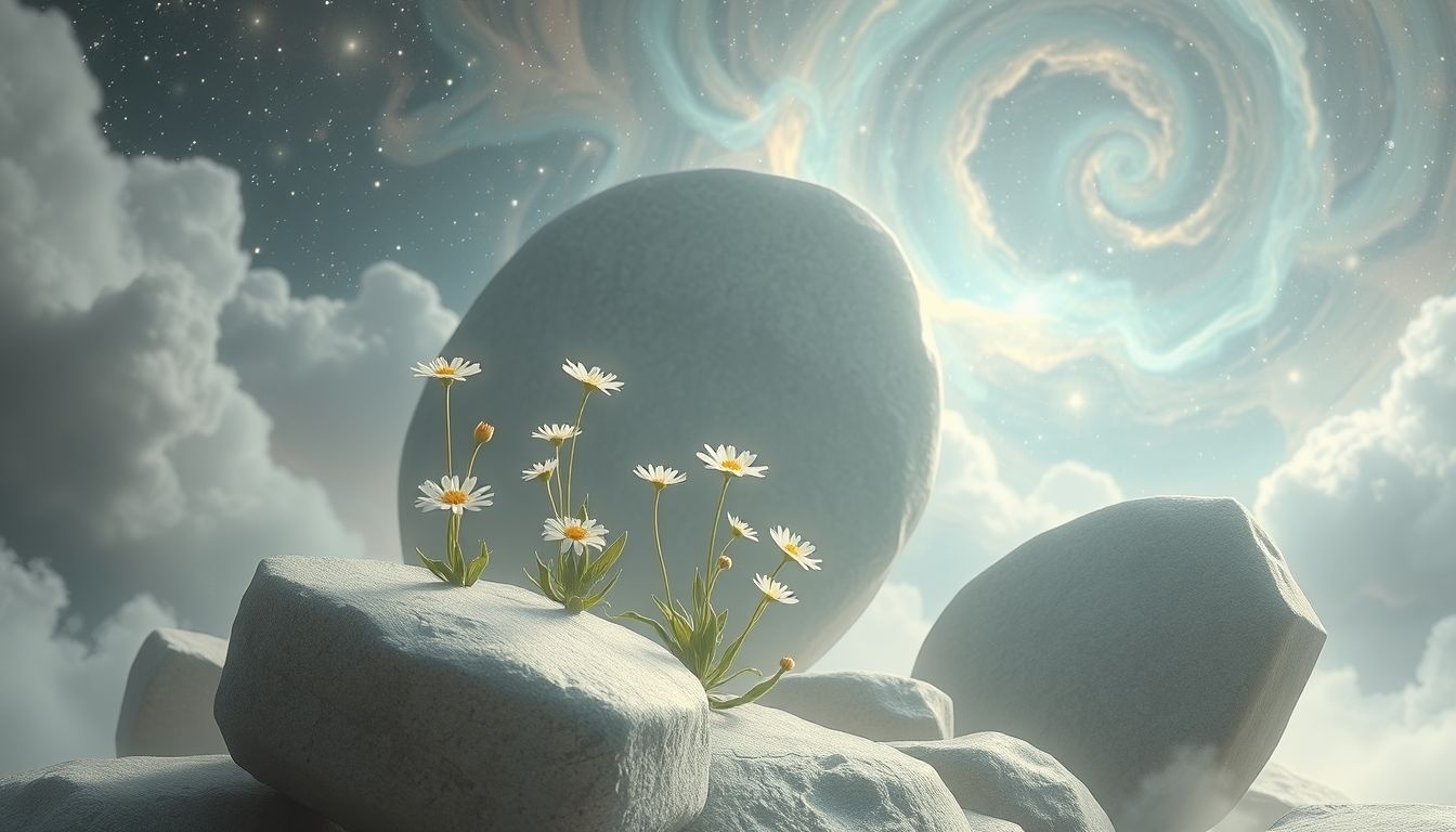 Bloemen tussen leien symboliseren hoop en onverwachte schoonheid in dromen.