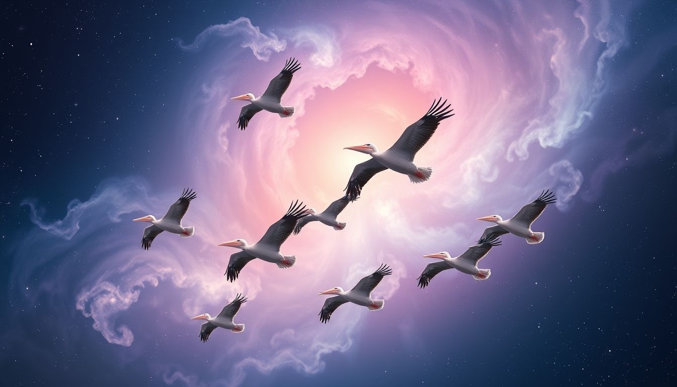 Een groep pelikanen samen vliegen symboliseert harmonie en samenwerking.