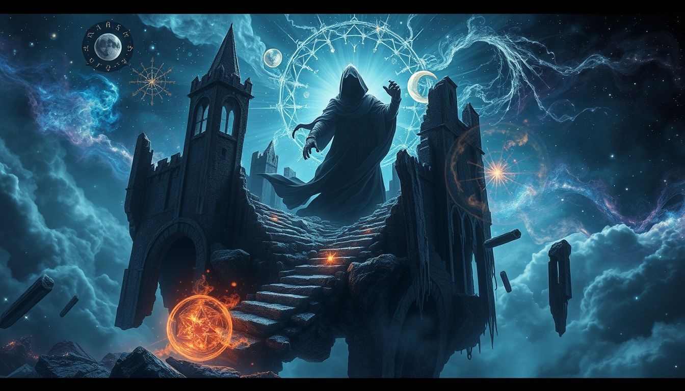 Een necromancer in vervallen kasteel symboliseert verborgen angsten en macht.