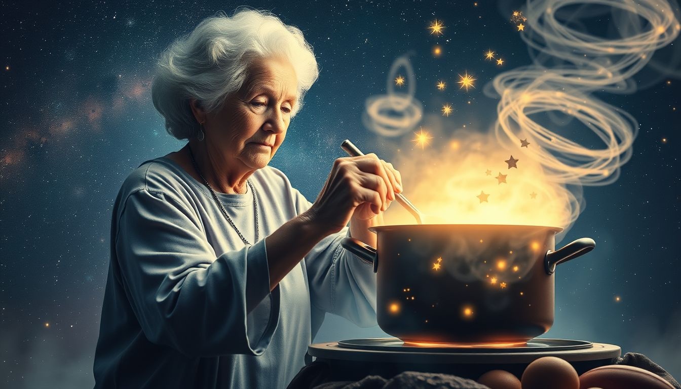 Een oude dame koken symboliseert wijsheid en nieuwe levensinzichten.