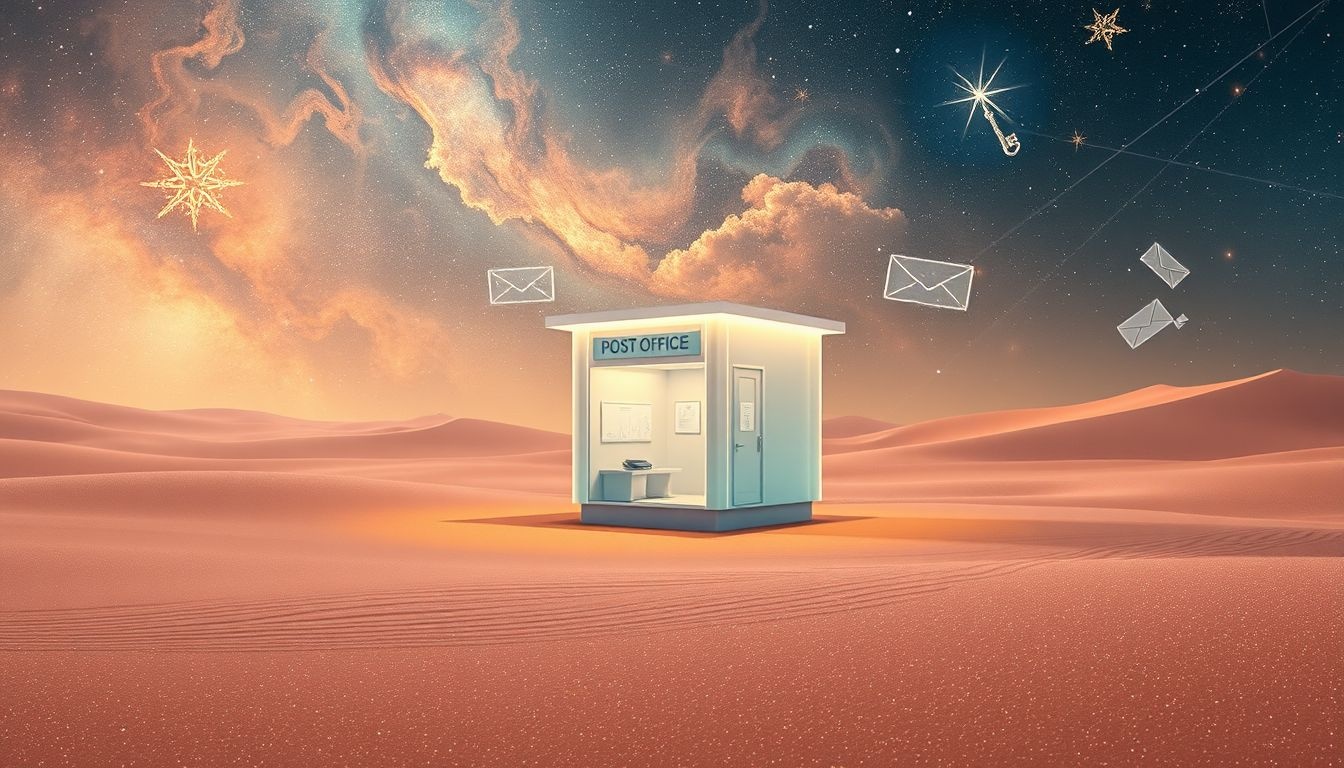 Dromen over een woestijnpostkantoor symboliseert communicatie in eenzaamheid.