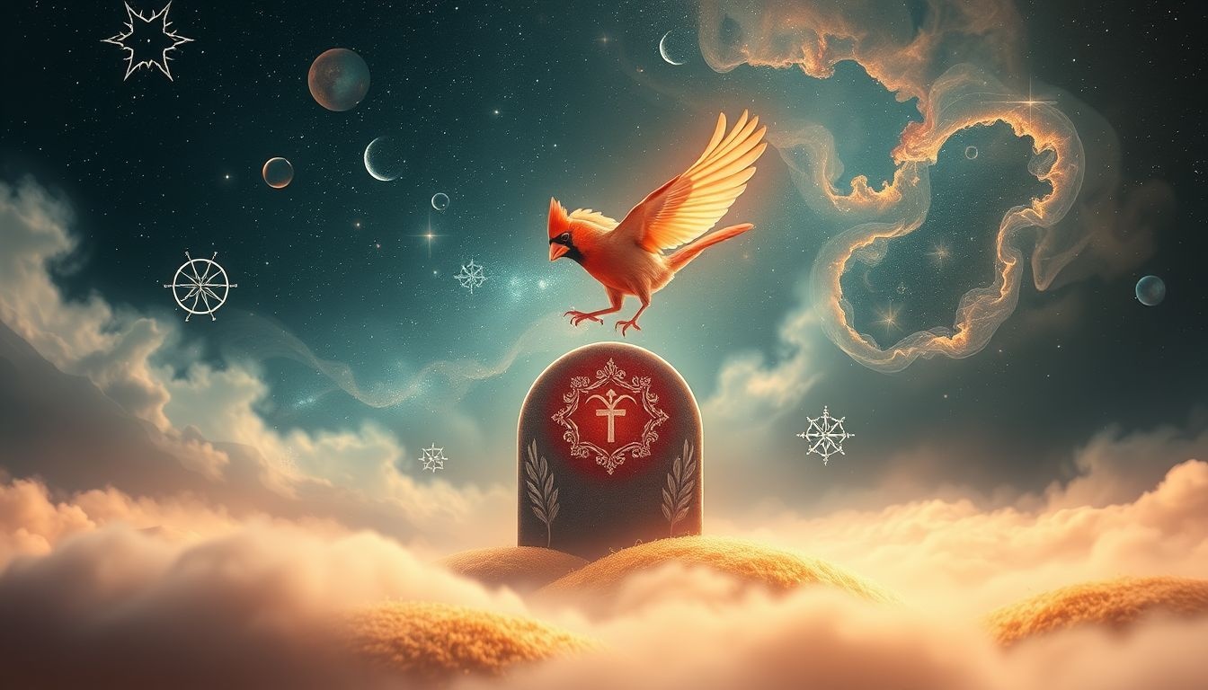 Een kardinaalsdroom op een graf symboliseert diepe rouw en reflectie.