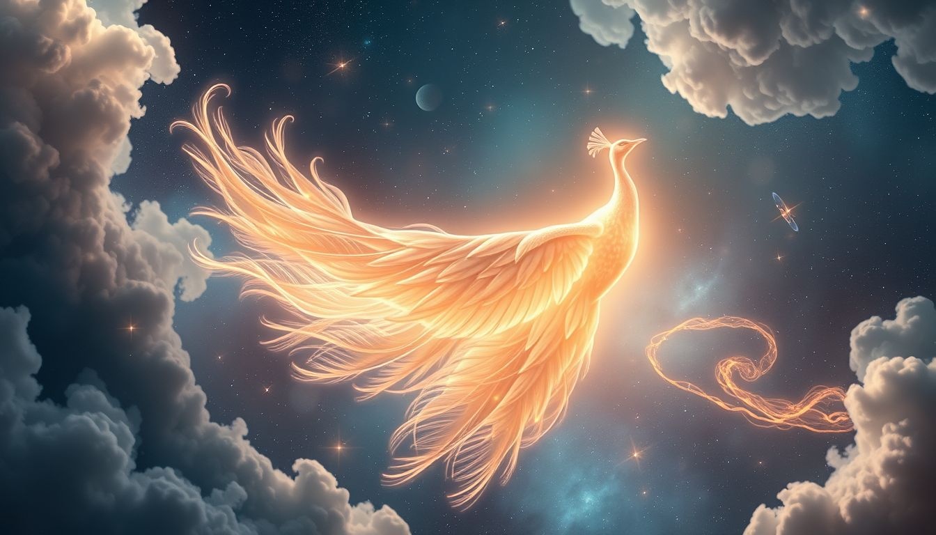 Een vliegende pauw symboliseert vrijheid en nieuwe levensmogelijkheden.