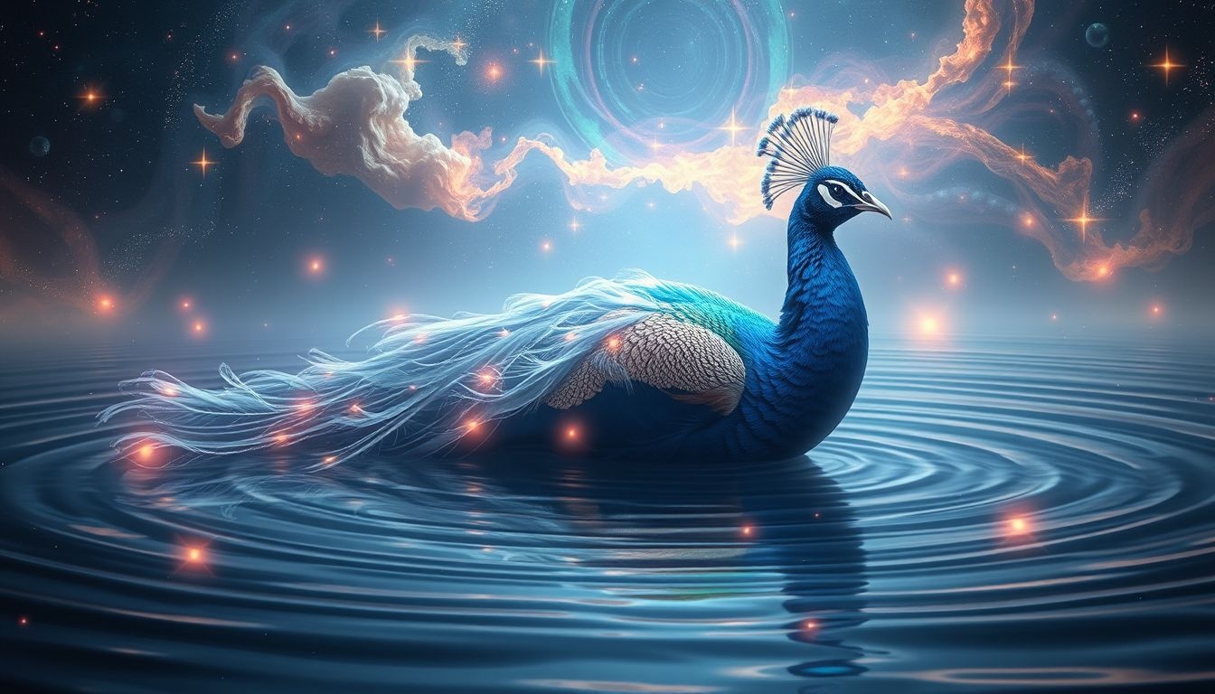 Een pauw in water symboliseert spirituele reiniging en schoonheid.