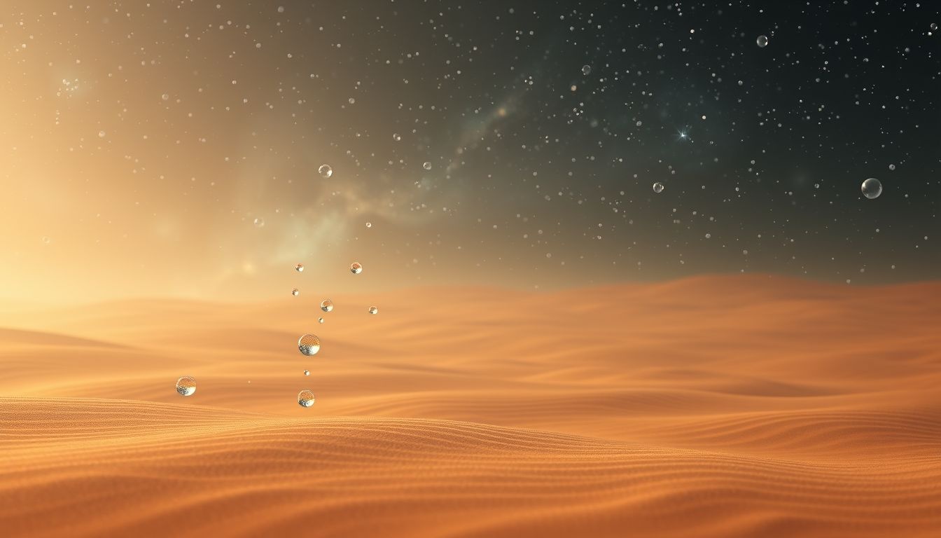 Druppels symboliseren hoop te midden van woestijnachtige ontberingen.